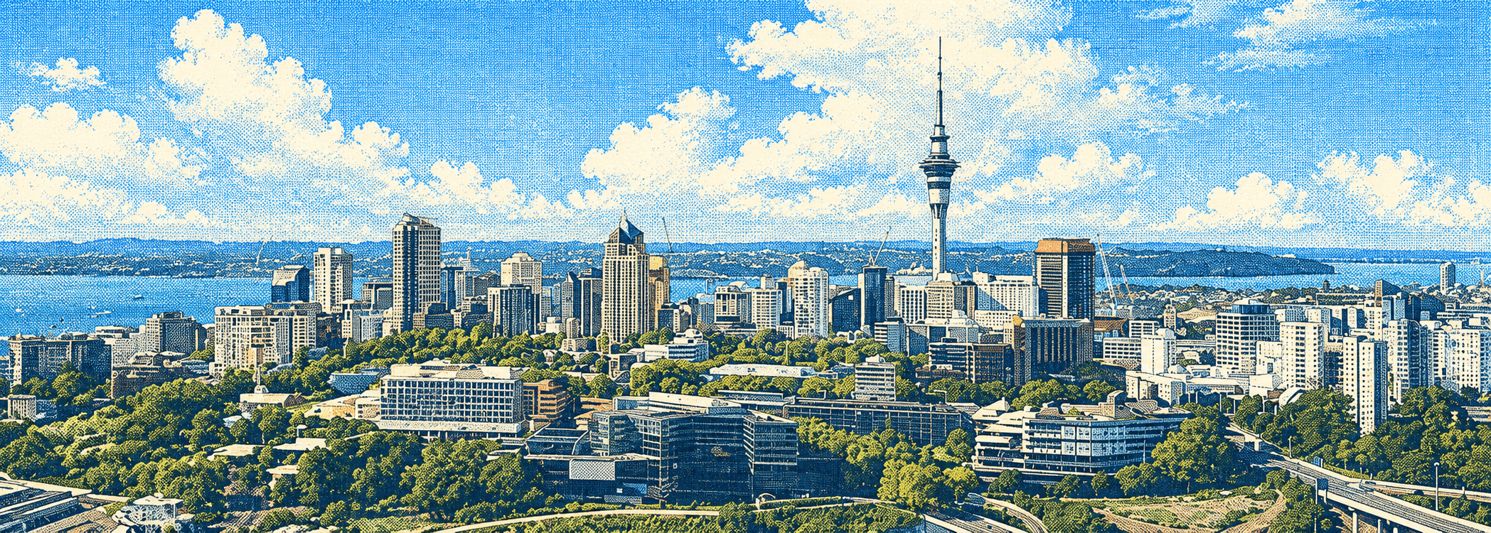 The Auckland skyline and Sky Tower in a vintage halftone print