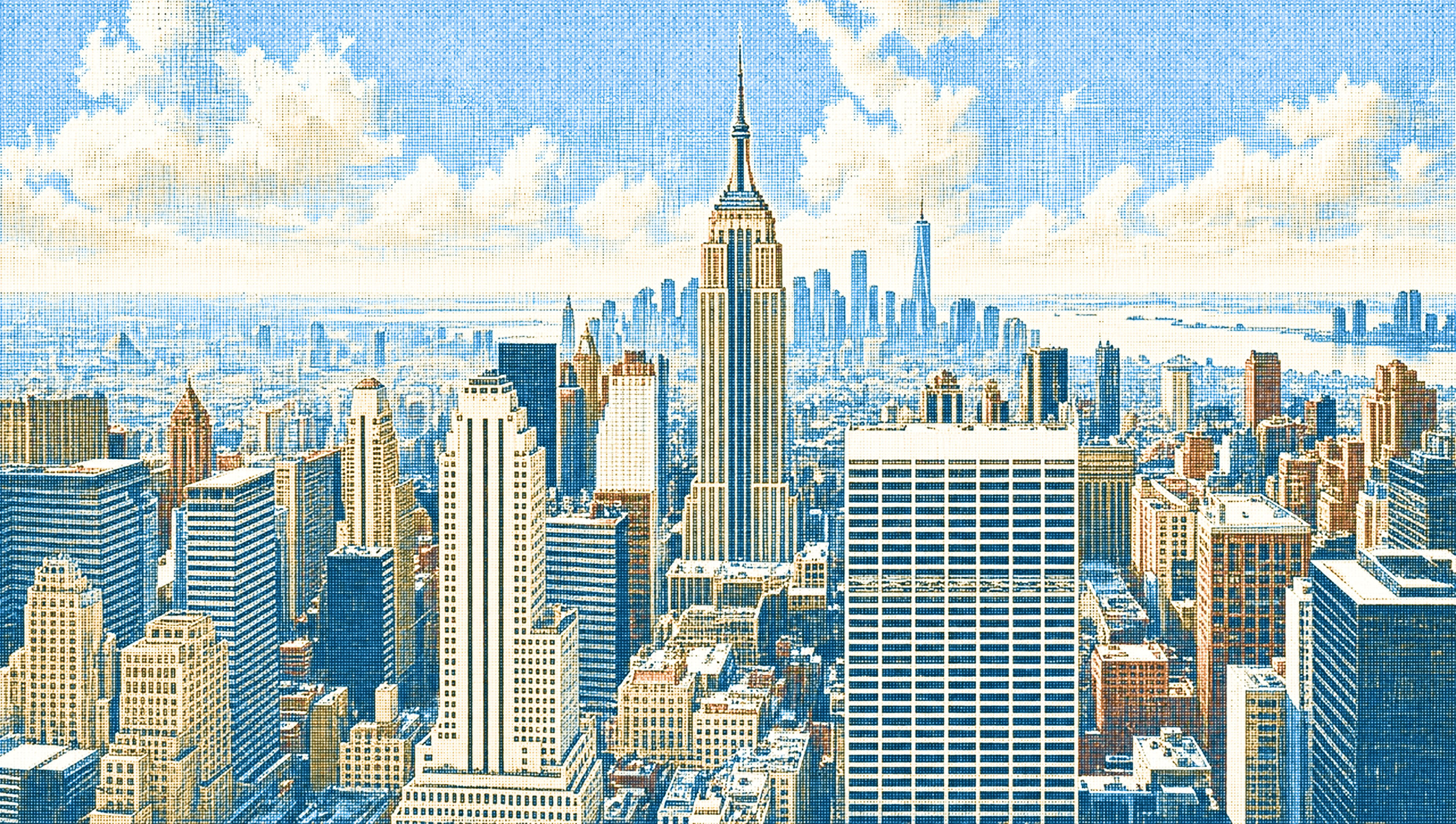 A city skyline in the Sentry halftone treatment